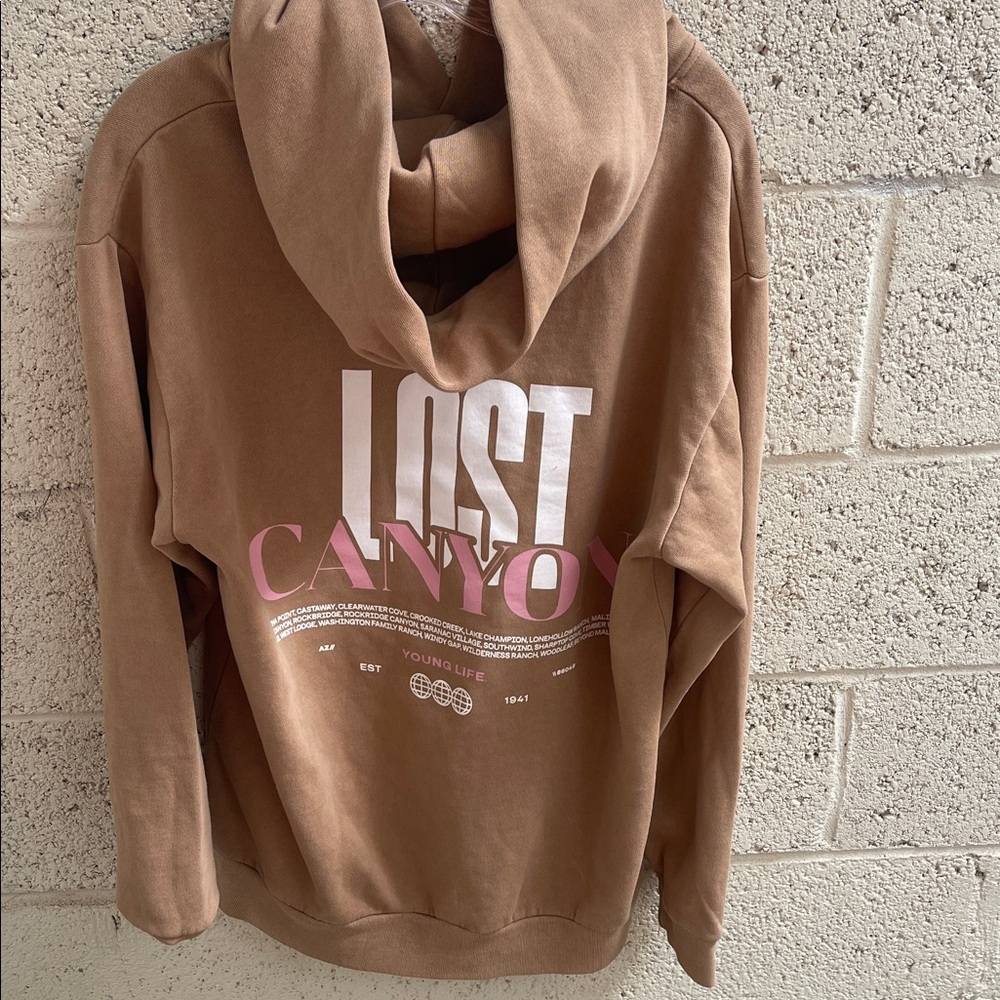 Young Life Brown Hoodie with Pink and White Print